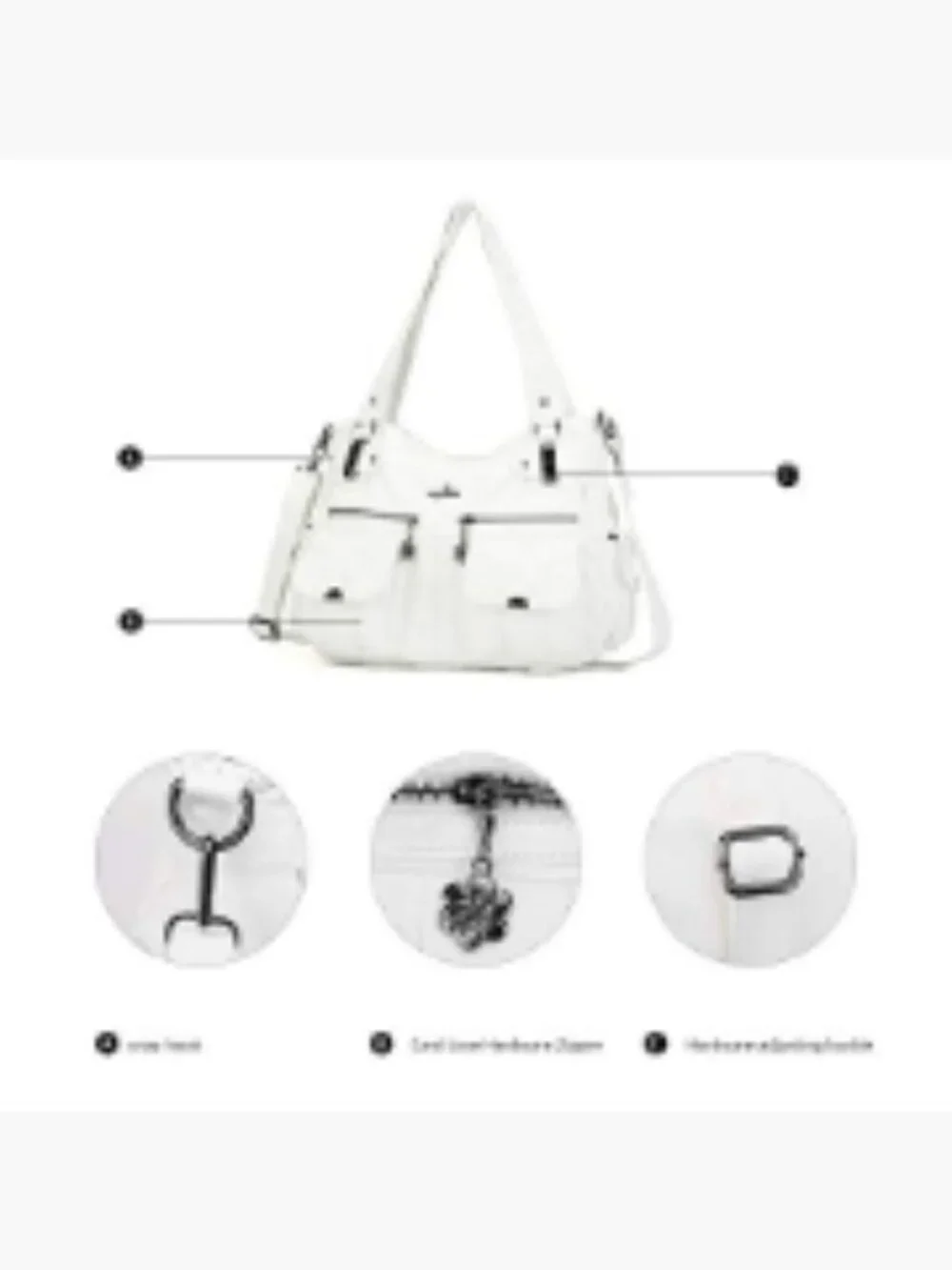 Large Double Zipper Multi Pocket Washed PU Leather Shoulder Bag Handbag
